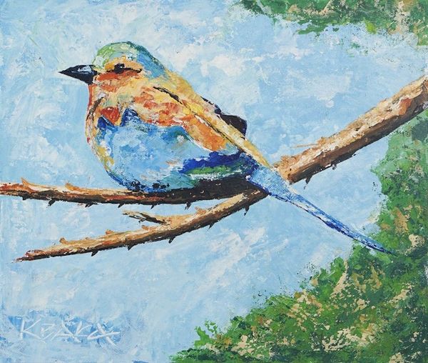 Alternate image for Signed Unstretched Impressionist Acrylic Bird Painting Lilae-Breasted Roller