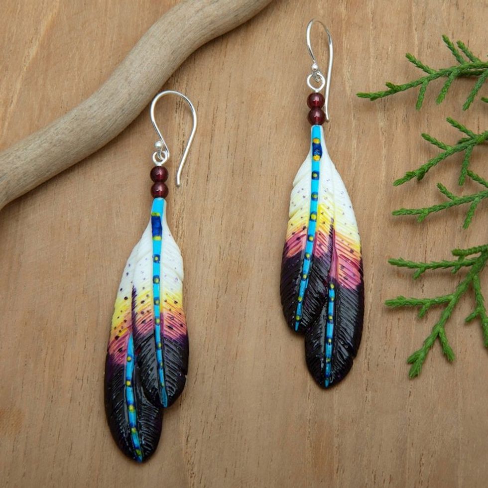 Handmade Vibrant Feather Dangle Earrings with Garnet Beads 'Creativity Feathers'