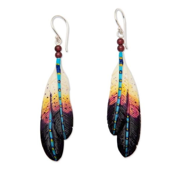 Alternate image for Handmade Vibrant Feather Dangle Earrings with Garnet Beads Creativity Feathers