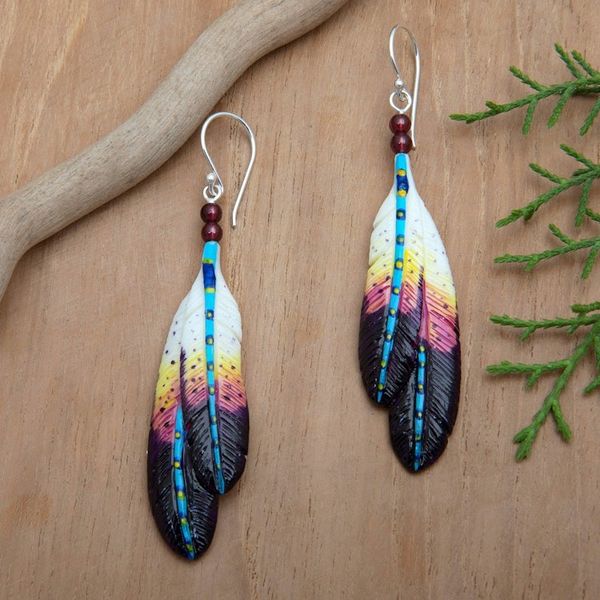 Alternate image for Handmade Vibrant Feather Dangle Earrings with Garnet Beads Creativity Feathers