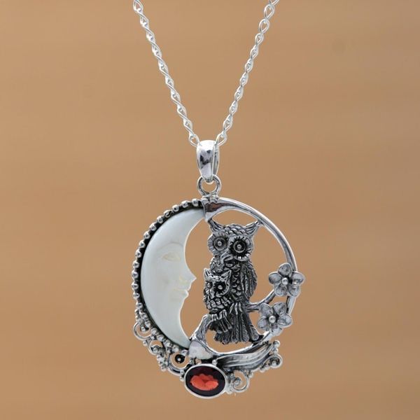 Alternate image for Handmade 925 Sterling Silver Garnet Owl Pendant Necklace Owls Night