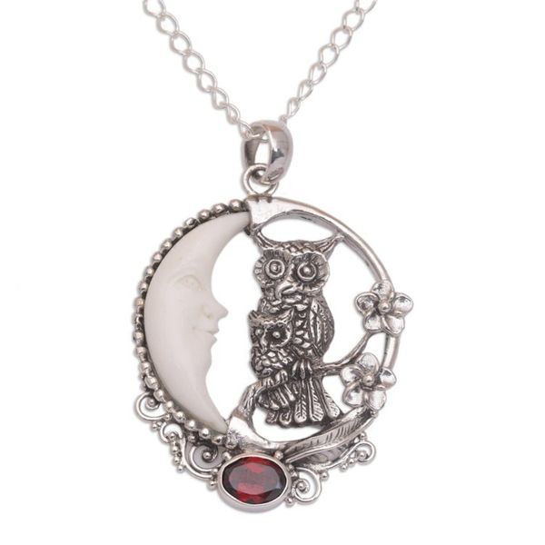 Alternate image for Handmade 925 Sterling Silver Garnet Owl Pendant Necklace Owls Night