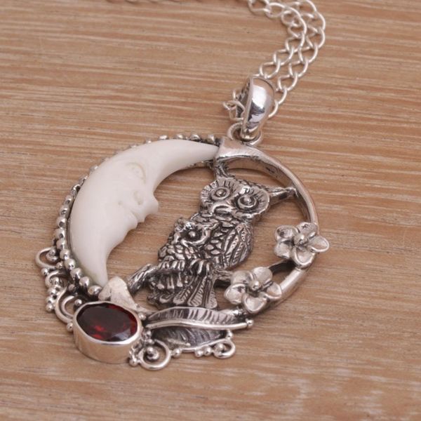 Alternate image for Handmade 925 Sterling Silver Garnet Owl Pendant Necklace Owls Night