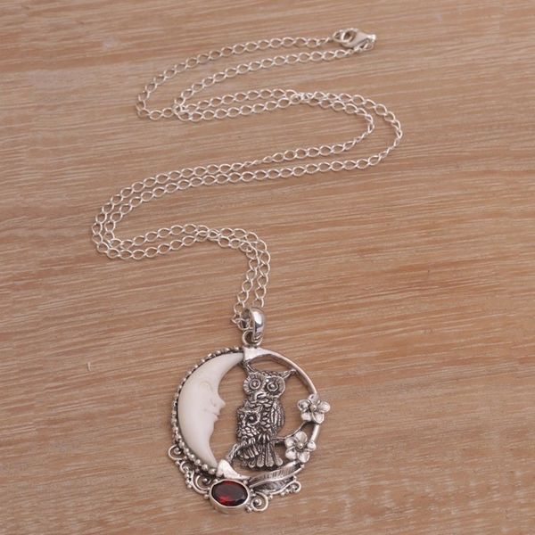 Alternate image for Handmade 925 Sterling Silver Garnet Owl Pendant Necklace Owls Night