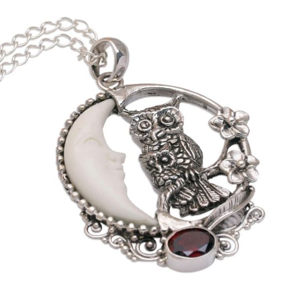 Alternate image for Handmade 925 Sterling Silver Garnet Owl Pendant Necklace Owls Night