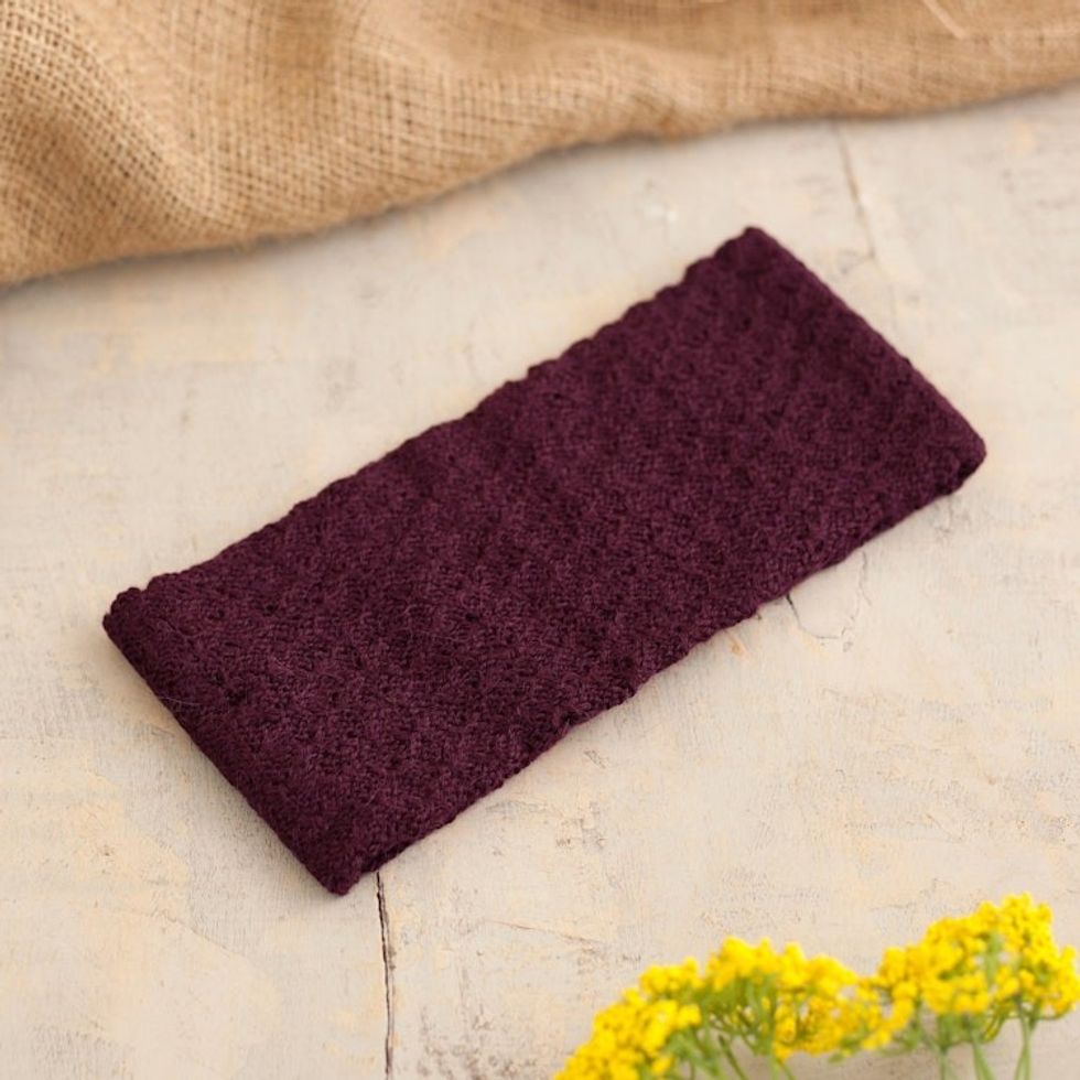 Boysenberry 100 Baby Alpaca Honeycomb Pattern Knit Headband 'Wavelength in Boysenberry'