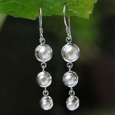 Primary image for Pearl Sterling Silver Dangle Earrings Three Full Moons