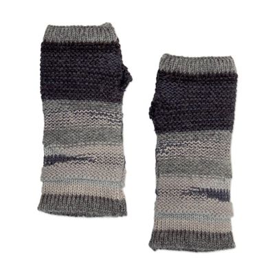 Alternate image for 100 Alpaca Grey and Black Knit Fingerless Mittens from Peru Monochromatic Shades