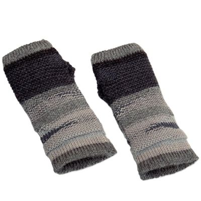 Alternate image for 100 Alpaca Grey and Black Knit Fingerless Mittens from Peru Monochromatic Shades
