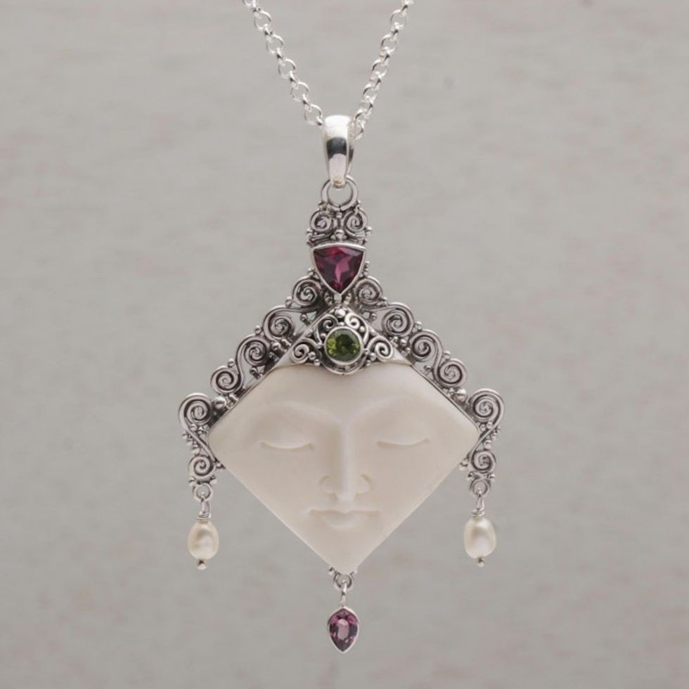 Multi-Gemstone Face-Shaped Pendant Necklace from Bali 'Diamond Face'