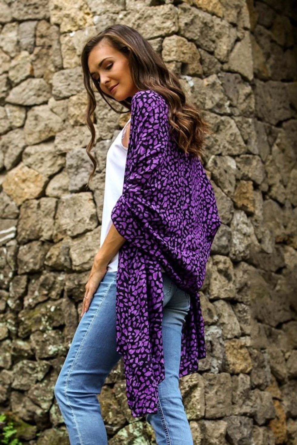 Balinese Hand Stamped Purple and Black Rayon Batik Shawl 'Purple Beach Pebbles'