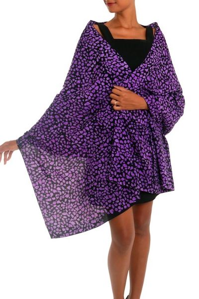 Alternate image for Balinese Hand Stamped Purple and Black Rayon Batik Shawl Purple Beach Pebbles