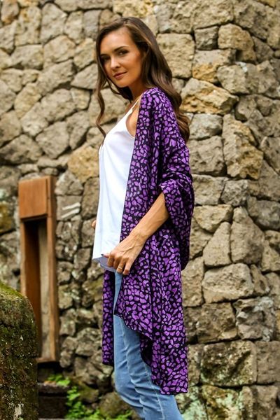 Alternate image for Balinese Hand Stamped Purple and Black Rayon Batik Shawl Purple Beach Pebbles