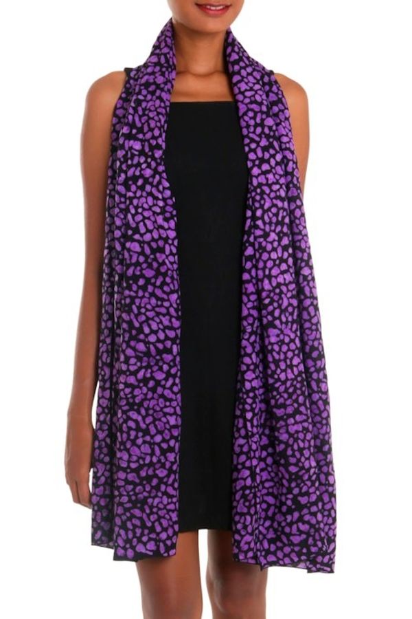 Alternate image for Balinese Hand Stamped Purple and Black Rayon Batik Shawl Purple Beach Pebbles