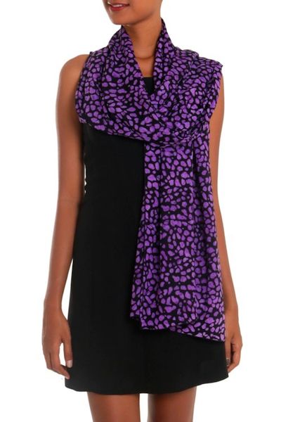 Alternate image for Balinese Hand Stamped Purple and Black Rayon Batik Shawl Purple Beach Pebbles