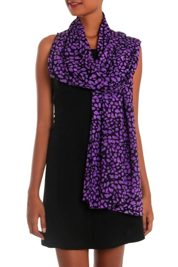 Alternate image for Balinese Hand Stamped Purple and Black Rayon Batik Shawl Purple Beach Pebbles