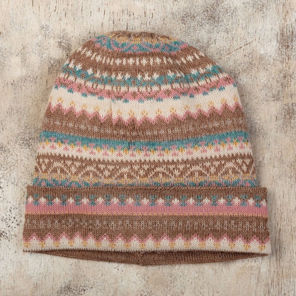 Multicolor 100 Baby Alpaca Andean Hat crafted in Peru 'Tan Pastels'