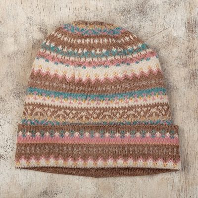 Alternate image for Multicolor 100 Baby Alpaca Andean Hat crafted in Peru Tan Pastels