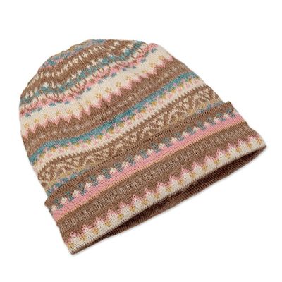 Alternate image for Multicolor 100 Baby Alpaca Andean Hat crafted in Peru Tan Pastels
