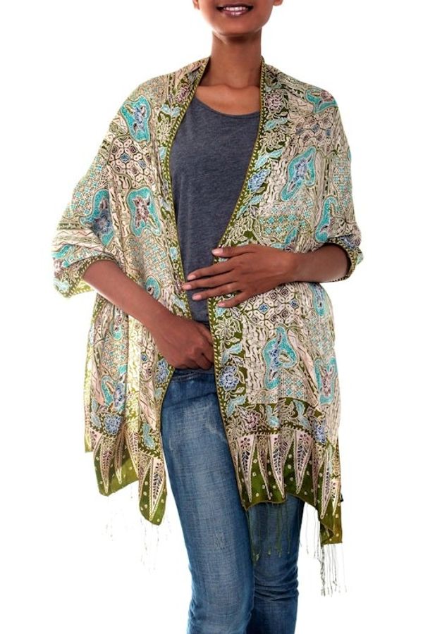 Alternate image for Indonesian Womens Batik Silk Shawl Lavish Java