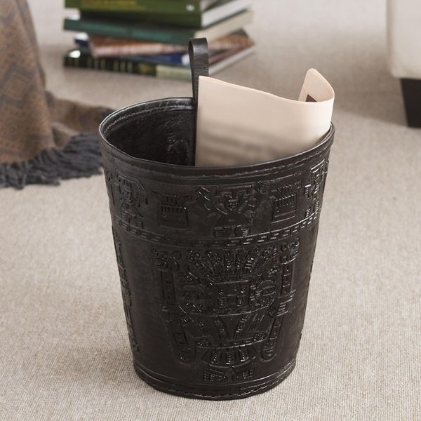 Alternate image for Artisan Crafted Inca Leather Brown Waste Basket Warrior Guard