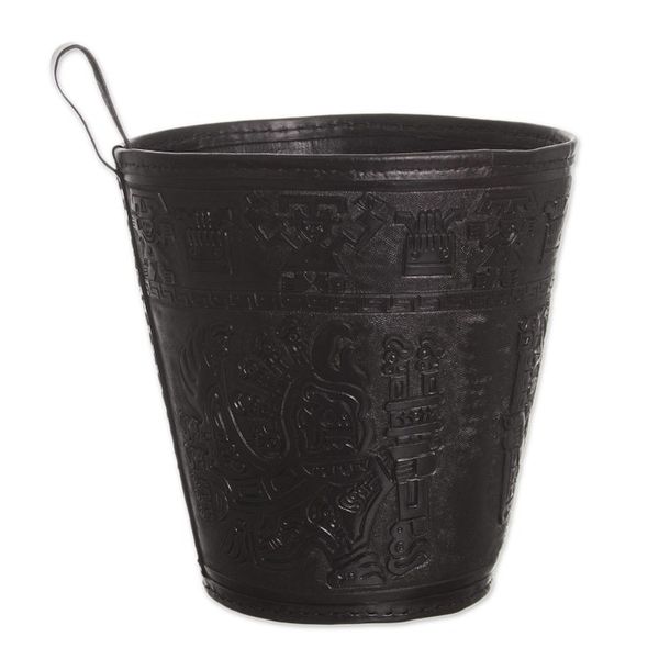 Alternate image for Artisan Crafted Inca Leather Brown Waste Basket Warrior Guard