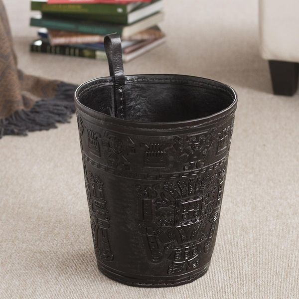 Alternate image for Artisan Crafted Inca Leather Brown Waste Basket Warrior Guard