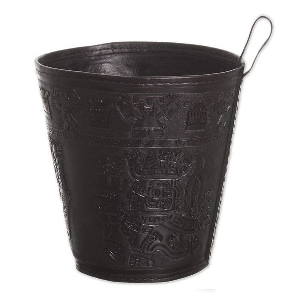 Alternate image for Artisan Crafted Inca Leather Brown Waste Basket Warrior Guard