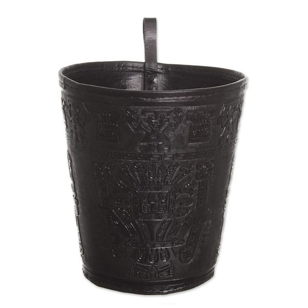 Alternate image for Artisan Crafted Inca Leather Brown Waste Basket Warrior Guard