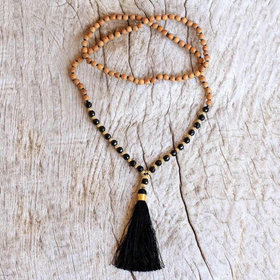 18k Gold Accented Onyx Beaded Mala Necklace from Bali 'Batuan Harmony'