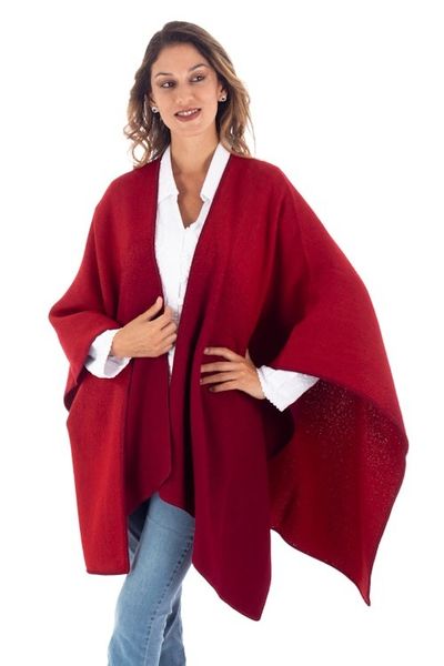 Alternate image for Reversible Alpaca Blend Ruana in Tomato and Wine Andean Vistas in Wine