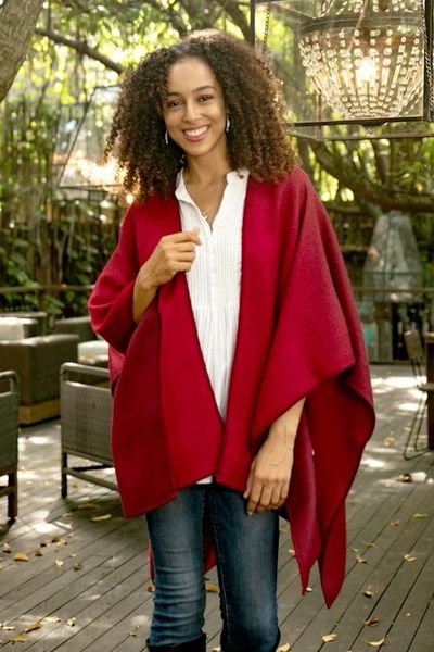 Alternate image for Reversible Alpaca Blend Ruana in Tomato and Wine Andean Vistas in Wine