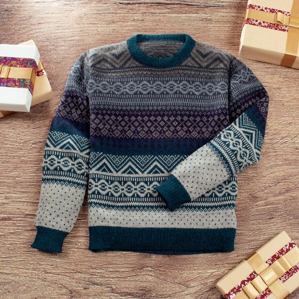 Alternate image for Mens Soft Teal and Blue 100 Alpaca Pullover from Peru Teal Adventures