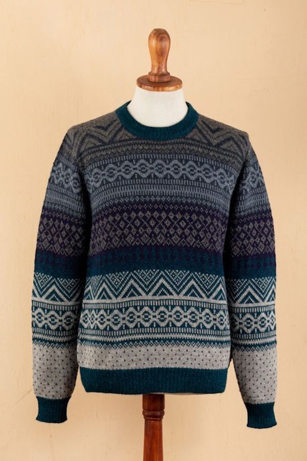 Alternate image for Mens Soft Teal and Blue 100 Alpaca Pullover from Peru Teal Adventures