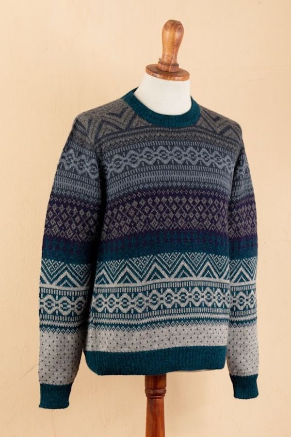 Alternate image for Mens Soft Teal and Blue 100 Alpaca Pullover from Peru Teal Adventures