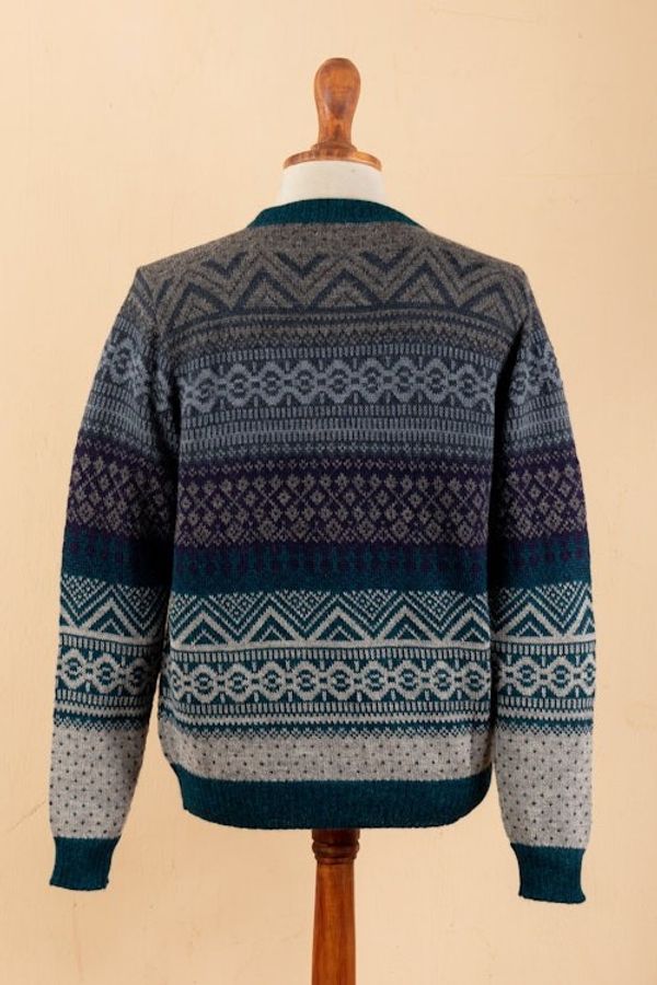 Alternate image for Mens Soft Teal and Blue 100 Alpaca Pullover from Peru Teal Adventures