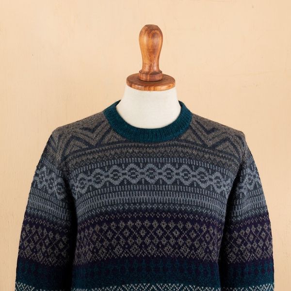 Alternate image for Mens Soft Teal and Blue 100 Alpaca Pullover from Peru Teal Adventures