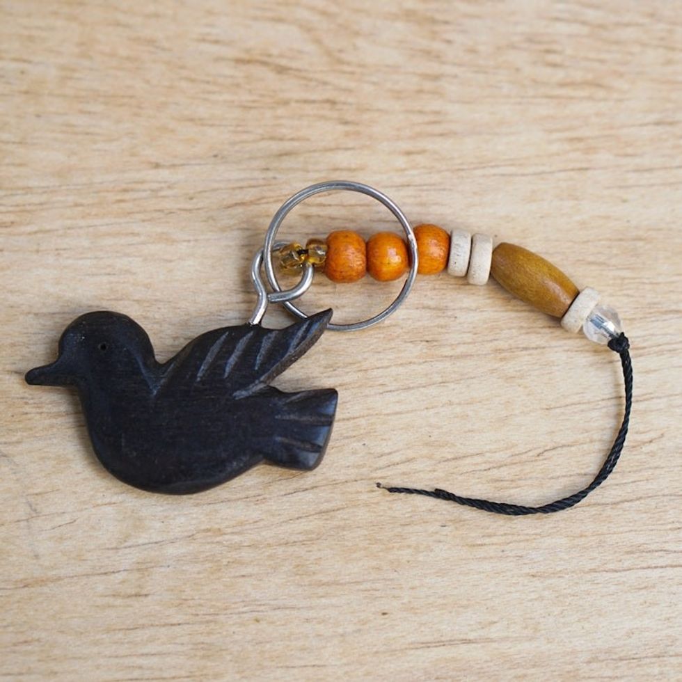 Eco-Friendly Ebony Wood Bird Keychain with Recycled Beads 'Flying Amulet'