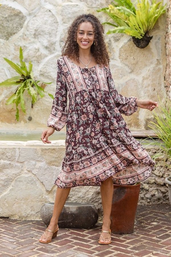 Alternate image for Rayon Batik Tunic Dress with Chocolate Floral Pattern Chocolate Spring