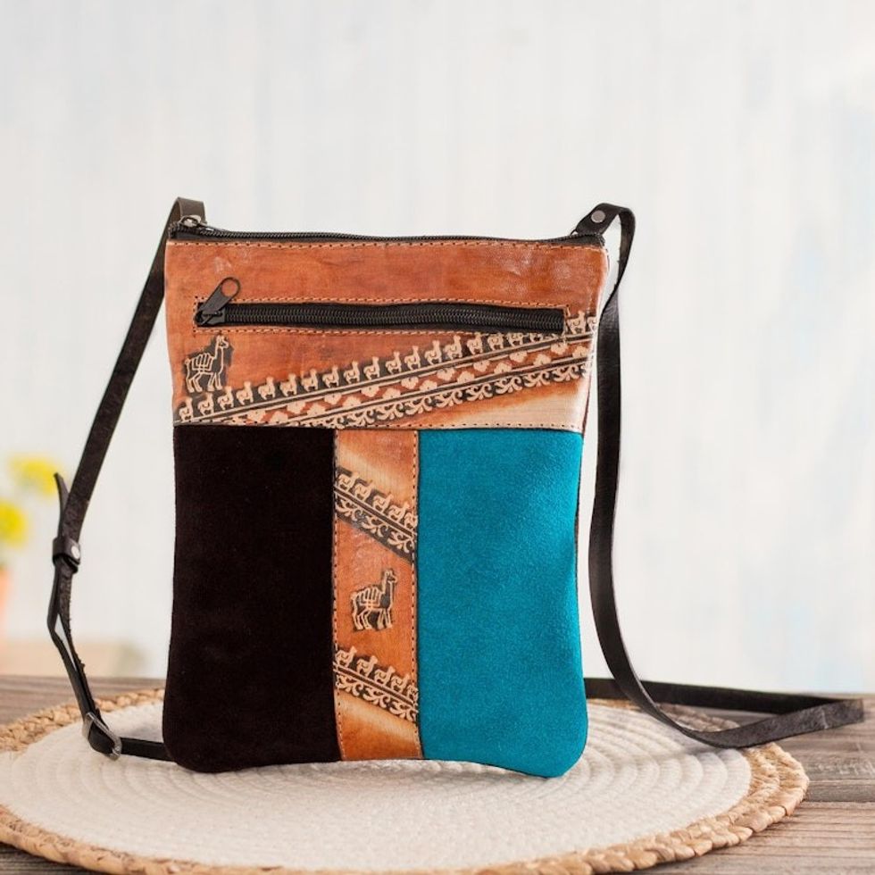 Brown and Teal Llama Pattern Leather Accented Suede Sling 'The Llama Way'