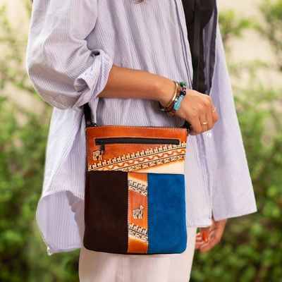 Alternate image for Brown and Teal Llama Pattern Leather Accented Suede Sling The Llama Way