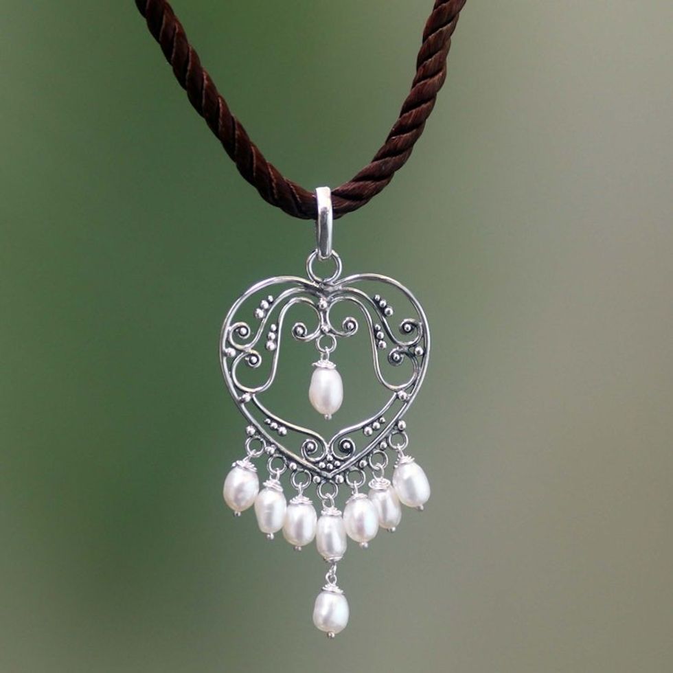 Artisan Crafted Silver and Pearl Necklace 'Heart Symphony'