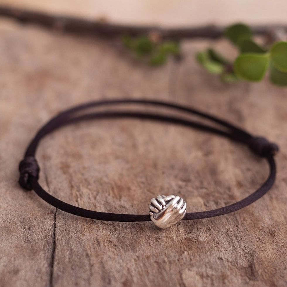 Cord Bracelet with Sterling Hands 'Join Hands in Black'