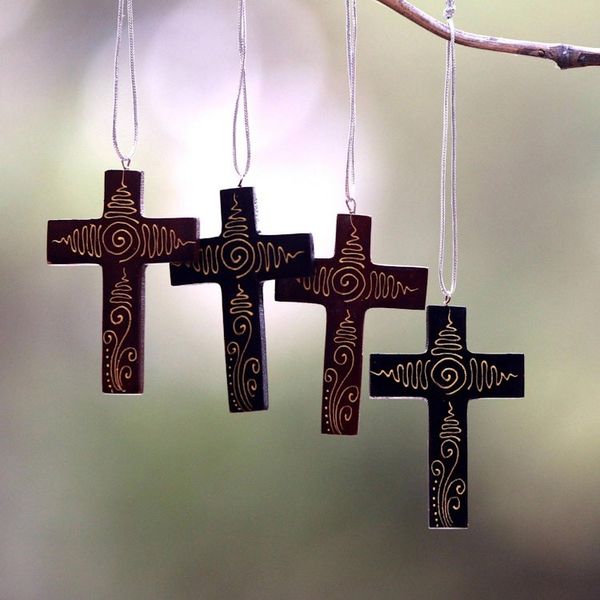 Alternate image for Mahogany Wood Hand Painted Cross Ornaments Set of 4 Jubilant Cross