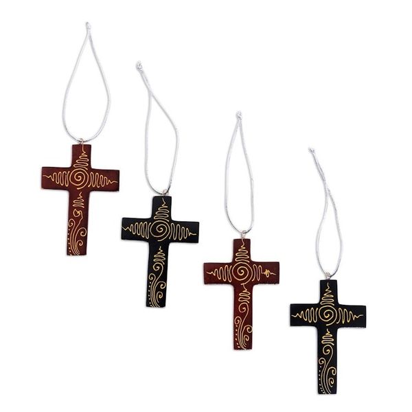 Alternate image for Mahogany Wood Hand Painted Cross Ornaments Set of 4 Jubilant Cross