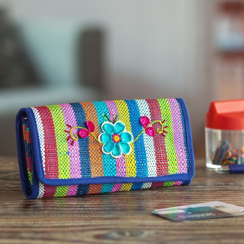 Artisan Crafted Woven Palm Fiber Wallet 'Northern Flowers in Blue'