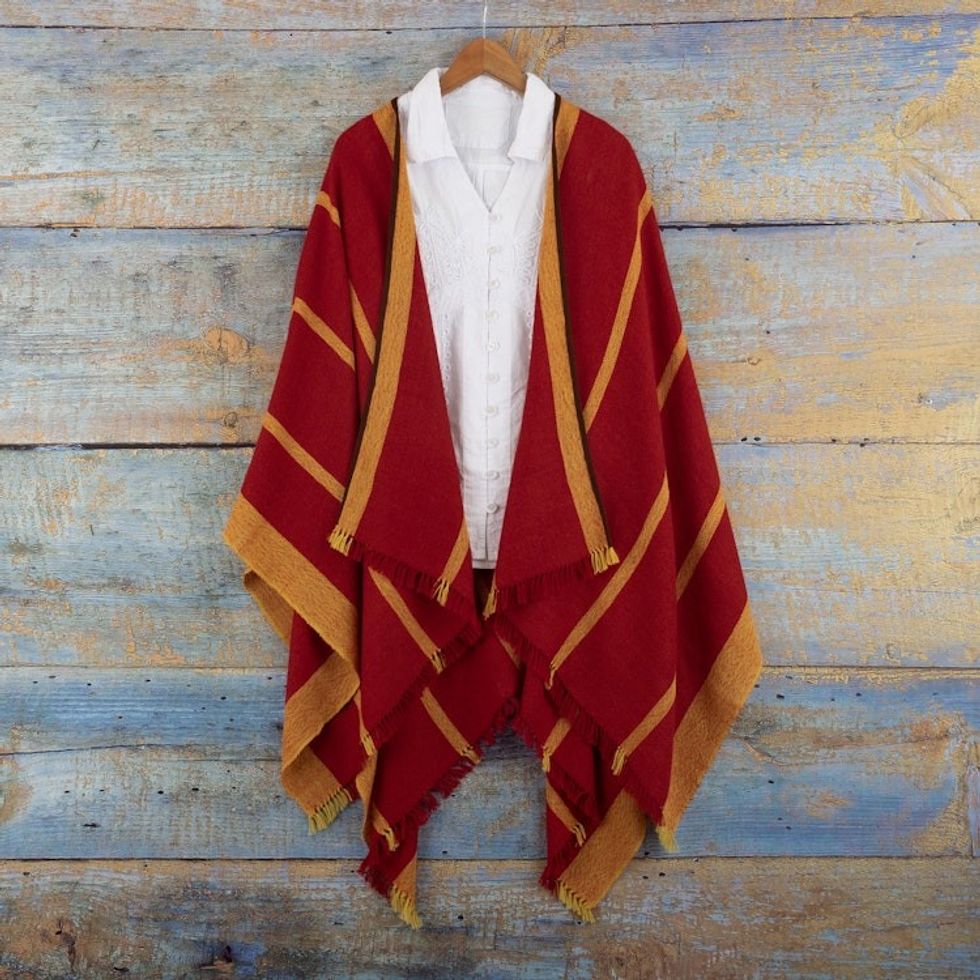 Red  Yellow Striped Ruana Woven from 100 Baby Alpaca 'Red  Yellow'