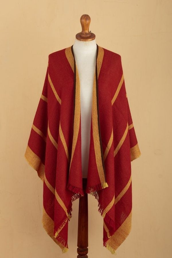Alternate image for Red  Yellow Striped Ruana Woven from 100 Baby Alpaca Red  Yellow