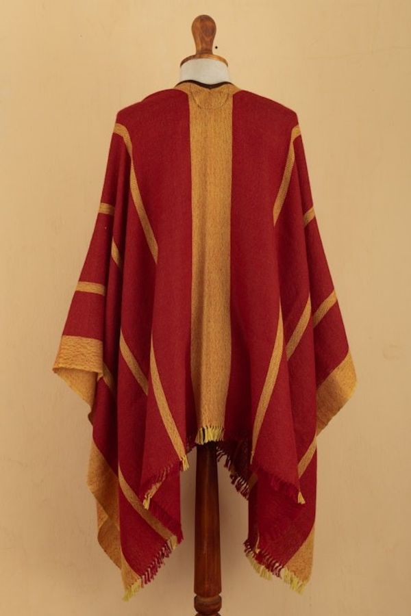 Alternate image for Red  Yellow Striped Ruana Woven from 100 Baby Alpaca Red  Yellow