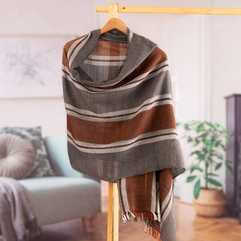 100 Alpaca Shawl in Grey Orange with Stripes and Fringes 'Striped Glamor'